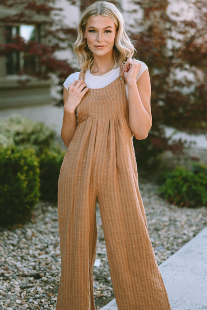 Brown Striped Pleated Wide Leg Pocketed Jumpsuit
