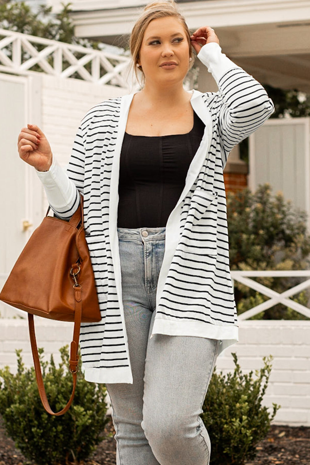 White Extended Long Sleeve Plus Size Striped Cardigan