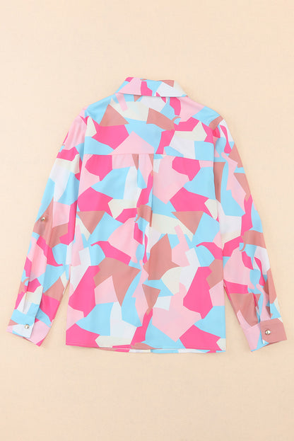 Pink Geometric Block Printed Roll Tab Sleeve Shirt