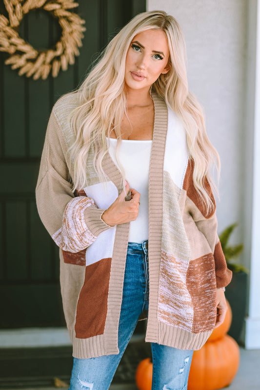 Khaki Checkered Pattern Open Front Drop Shoulder Slouchy Cardigan