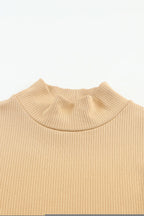 Khaki Ribbed Knit High Neck Long Sleeve Top