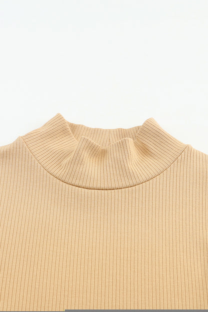 Khaki Ribbed Knit High Neck Long Sleeve Top