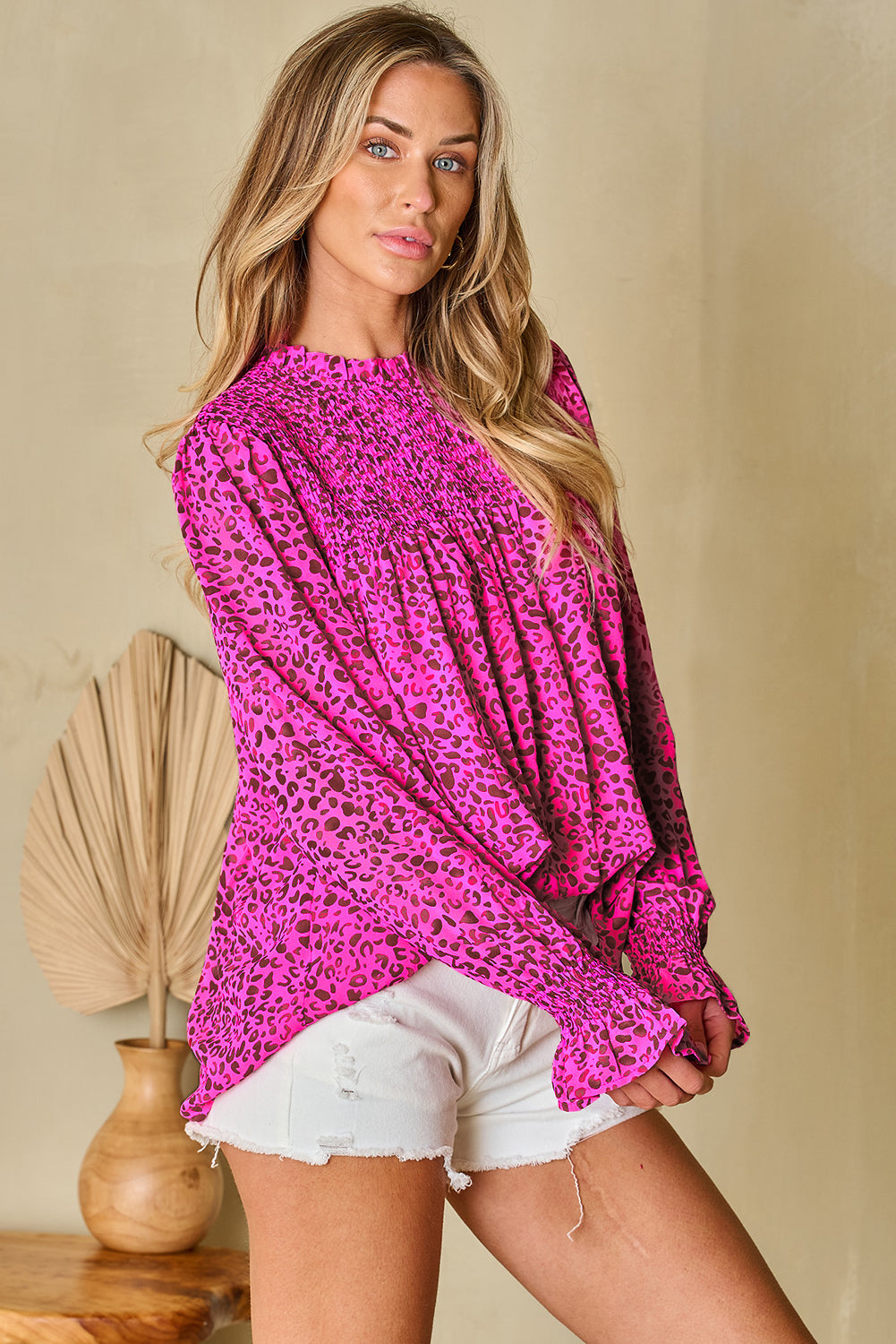 Rose Leopard Shirred Puff Sleeve Flowy Blouse