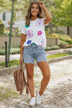 White Sequined Flower Pattern Round Neck T Shirt