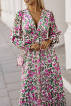 Green Floral Print Deep V Neck Ruched Cinched Waist Maxi Dress