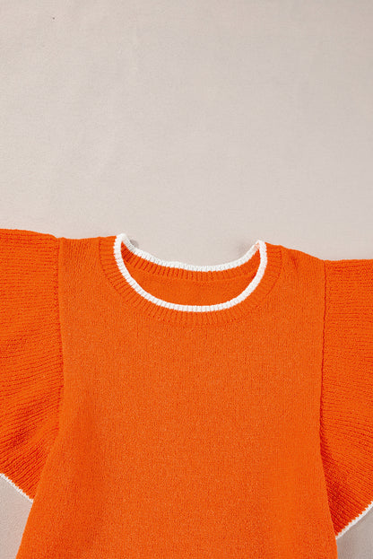 Russet Orange Contrast Trim Ruffle Sleeve Knitted Top