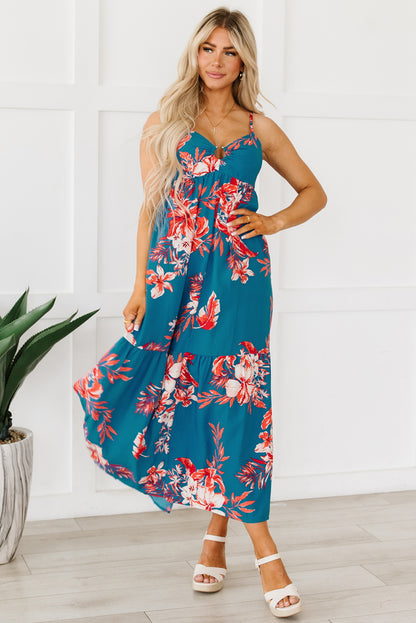 Sky Blue Strappy Open Back Floral Maxi Dress