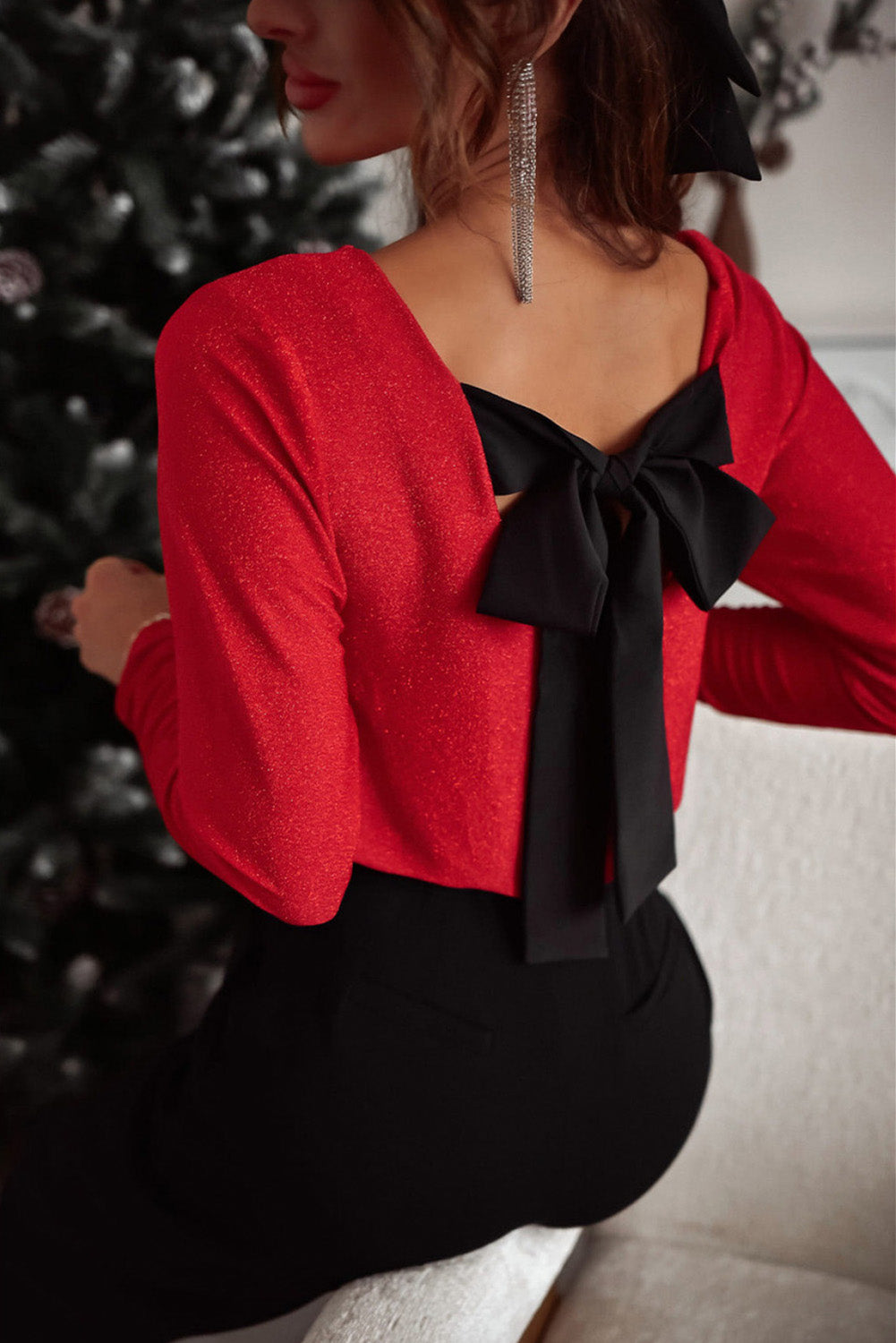 Black Metallic Bowknot Open Back V Neck Top