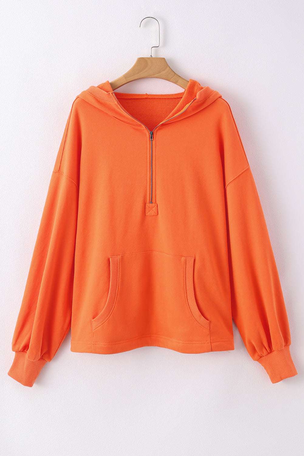 Parchment Solid Kangaroo Pocket Half Zipper Oversized Hoodie
