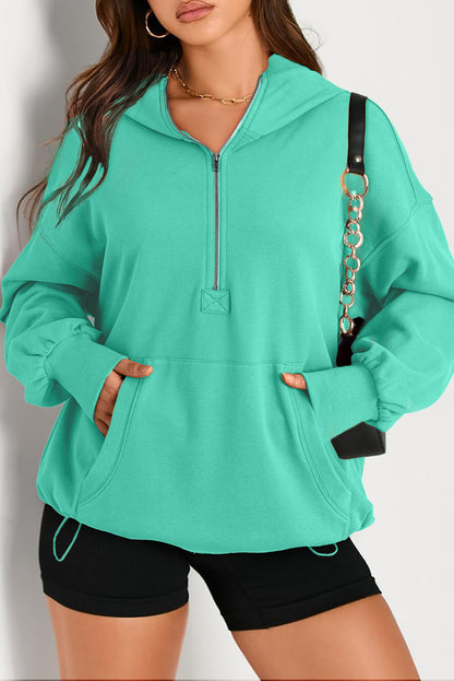 Parchment Solid Kangaroo Pocket Half Zipper Oversized Hoodie