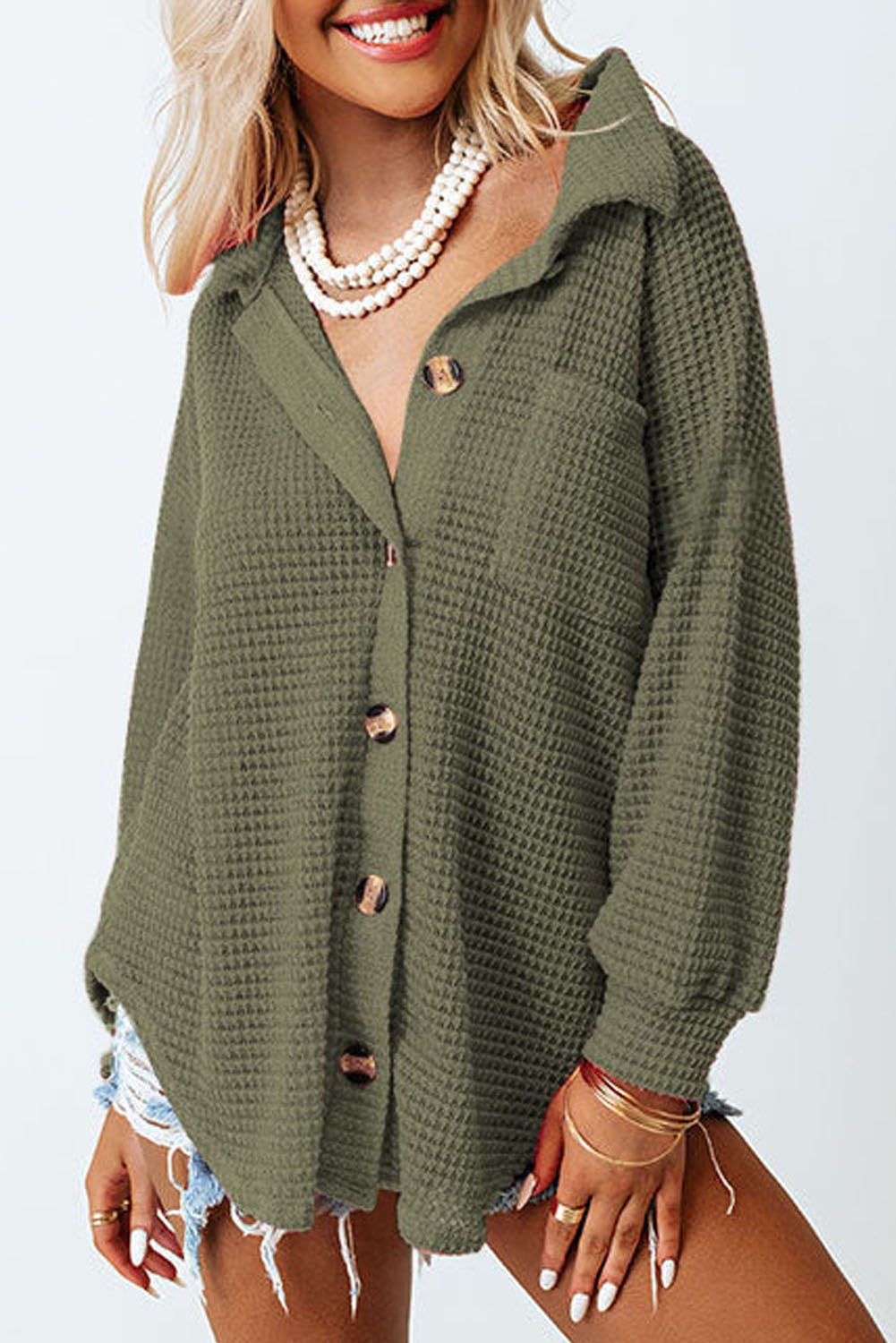 Pink Waffle Knit Button Up Casual Shirt