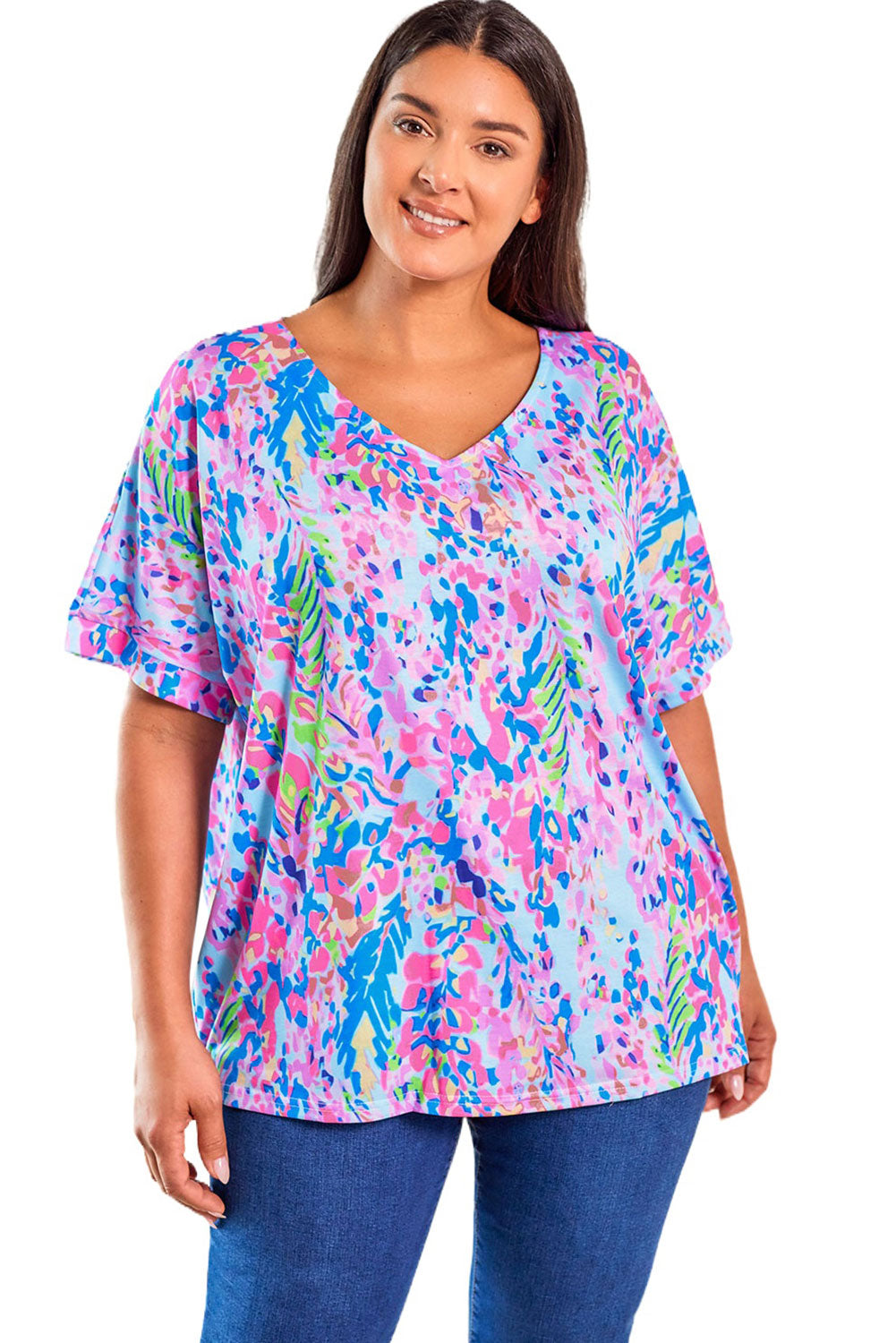 Sky Blue Loose Painted Floral Tee