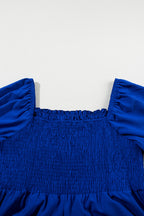 Dark Blue Shirred Ruffled Square Neck Plus Size Mini Dress