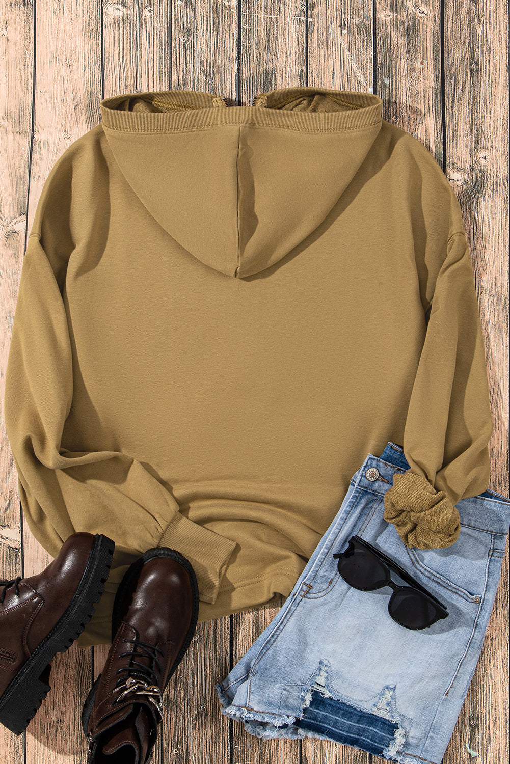 Parchment Solid Kangaroo Pocket Half Zipper Oversized Hoodie