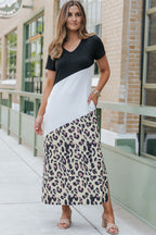 Leopard Color Block Side Slit T Shirt Maxi Dress