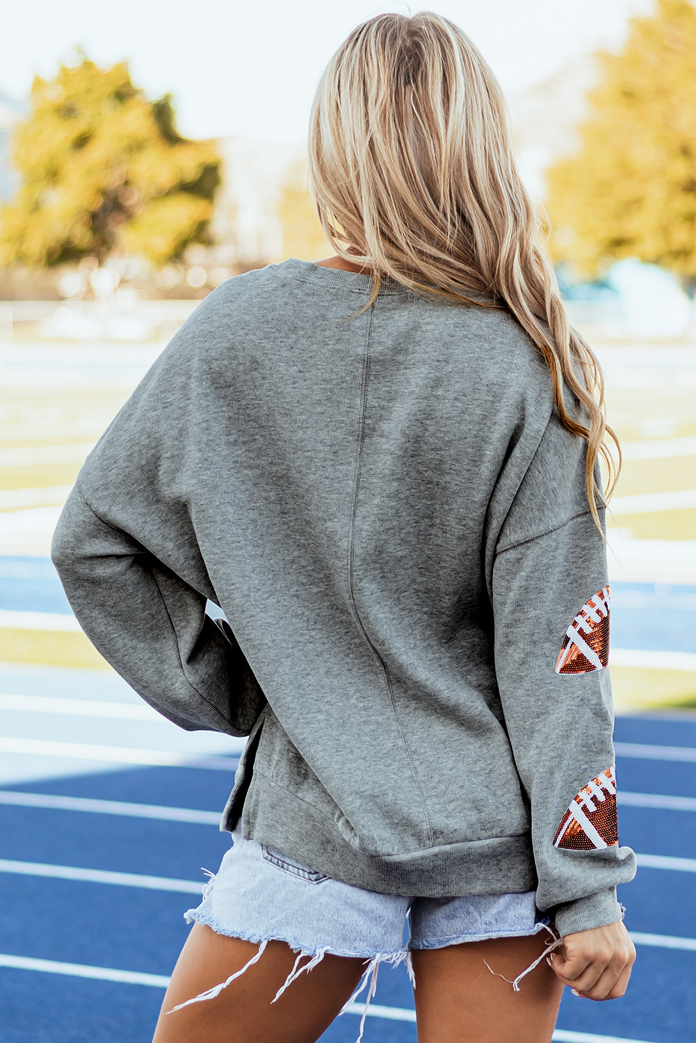 Medium Grey Sequin Rugby Pattern Drop Shoulder Pullover Sweatshirt