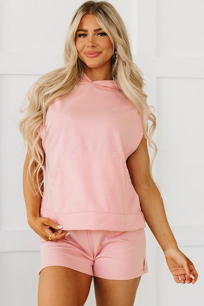 Light Pink Solid Color Sleeveless Hoodie and Shorts Set