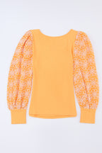 Yellow Flower Puff Sleeve Ribbed Knit Top
