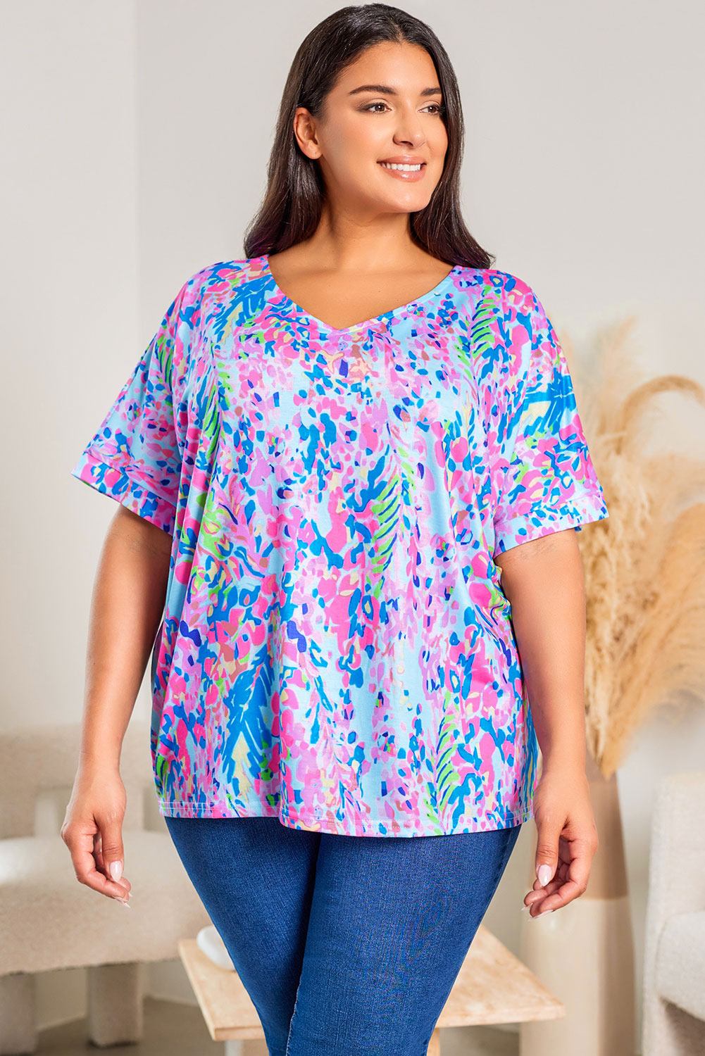 Sky Blue Loose Painted Floral Tee