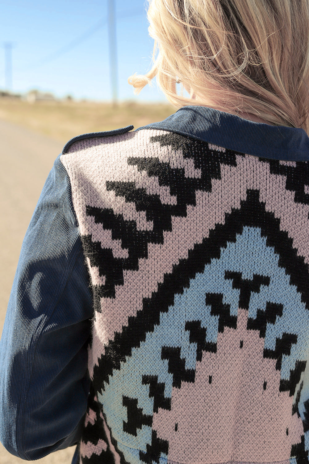 Blue Corduroy Cinched Aztec Back Jacket