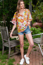 Multicolor Stand Collar Flutter Sleeves Floral Top
