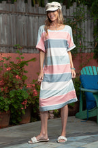 Multicolor Striped Color Block Loose Fit 3/4 Sleeve Dress