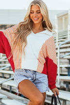 White Striped Color Block Collared V Neck Oversized Sweatshirt