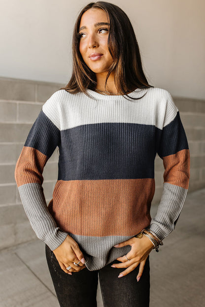 Color Block Knitted O-neck Pullover Sweater
