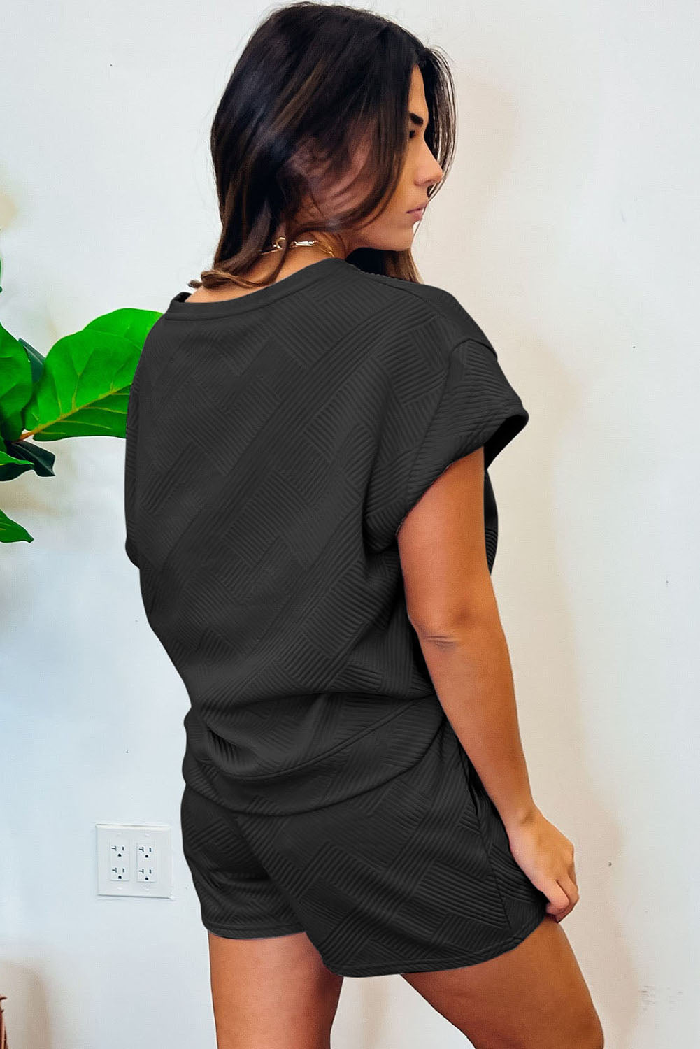 Gray 2pcs Solid Textured Drawstring Shorts Set