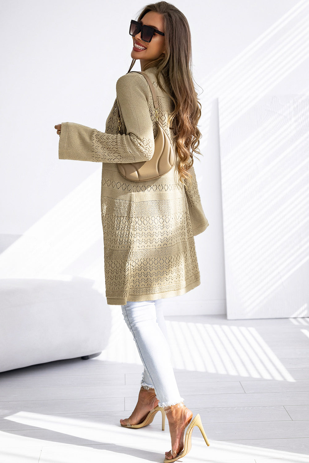 Gray Pointelle Knit Open Front Cardigan