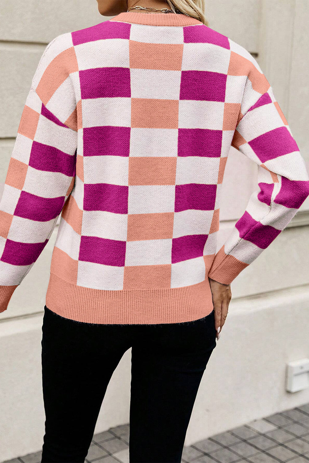 Khaki Checkered Ribbed Edge O Neck Drop Shoulder Sweater