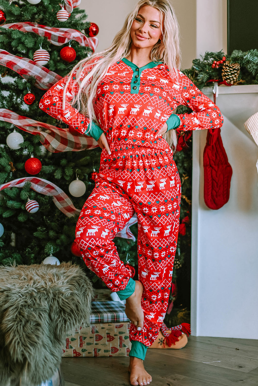 Fiery Red Christmas Print Henley Top Pajama Set