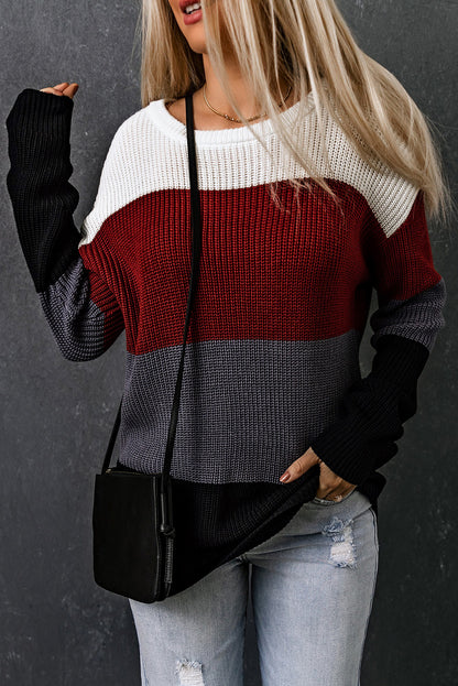 Color Block Knitted O-neck Pullover Sweater