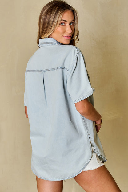 Mist Blue Vintage Light Wash Flap Pockets Rounded Hem Shirt