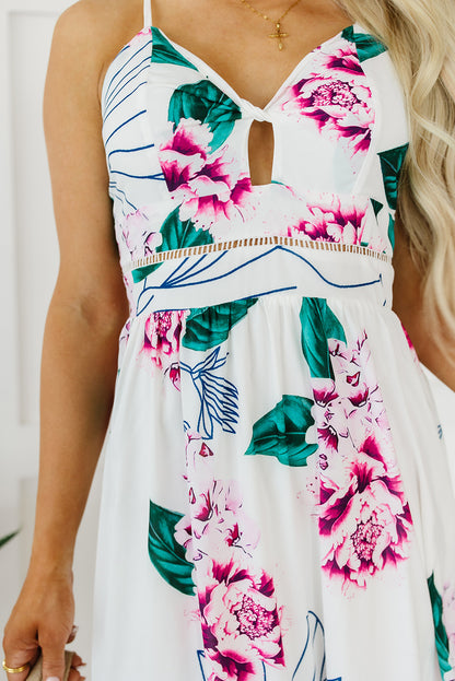 White Floral Twist Cutout Adjustable Straps Maxi Dress