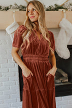 Red Dahlia Velvet Short Sleeve Shirred Waist Tiered Maxi Dress