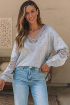 Gray Hollowed Lace Splicing V Neck Loose Sweater