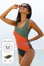Duffel Green Color Block Padded Square Neck One Piece Swimsuit
