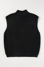 Black Solid Color Cable Knit High Neck Sweater Vest