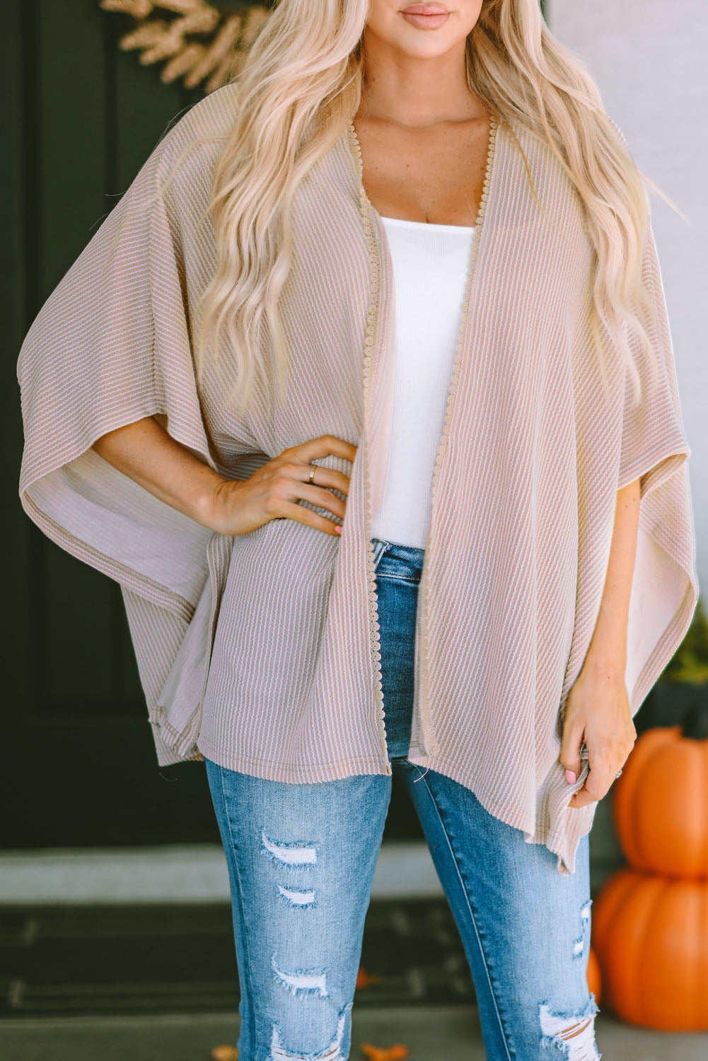 Apricot Lace Trim Ribbed Oversize Kimono