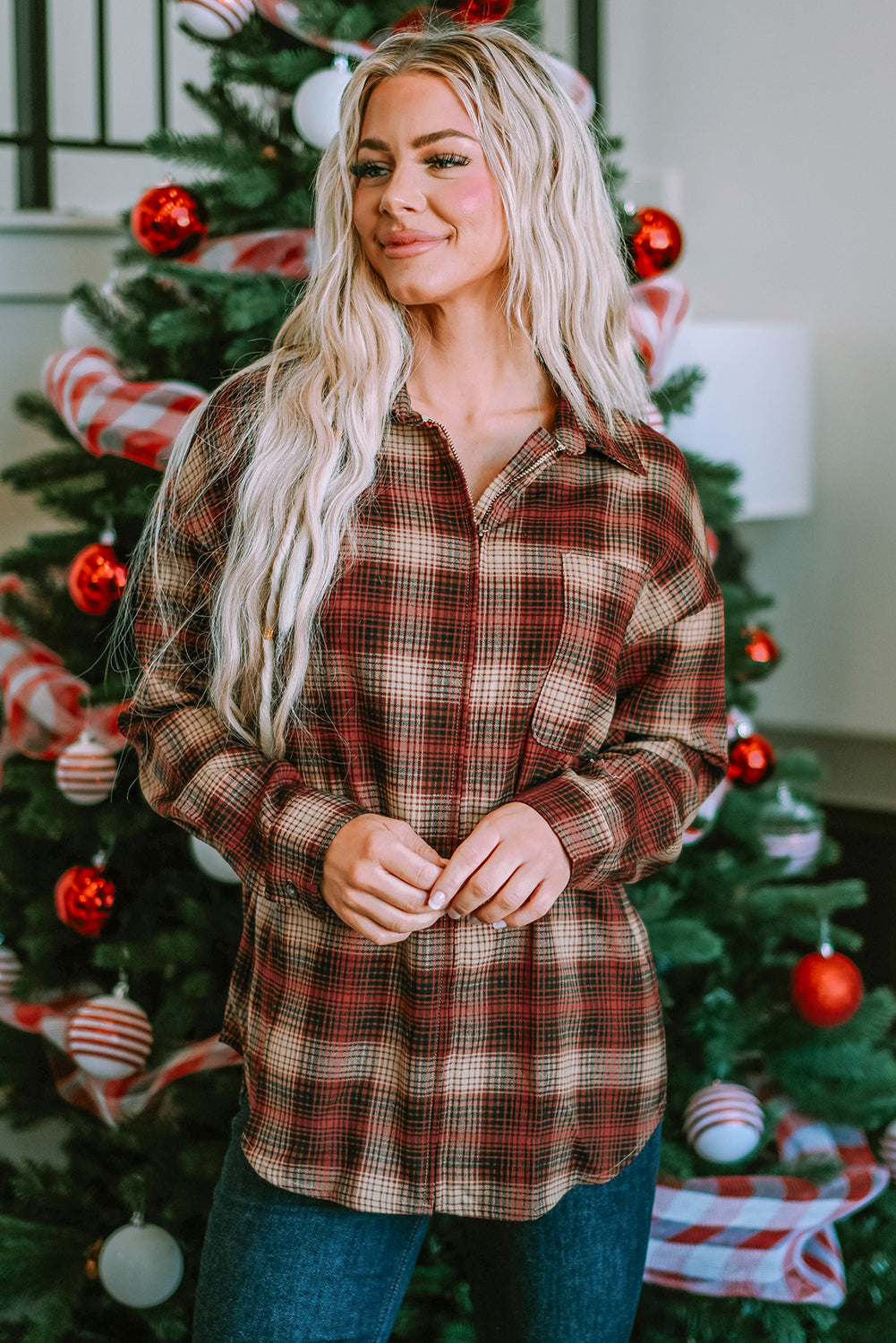 Fiery Red Plaid Zip Up Chest Pocket Shacket