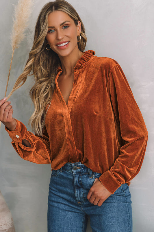 Gold Flame Frilled Collar Velvet Shirt