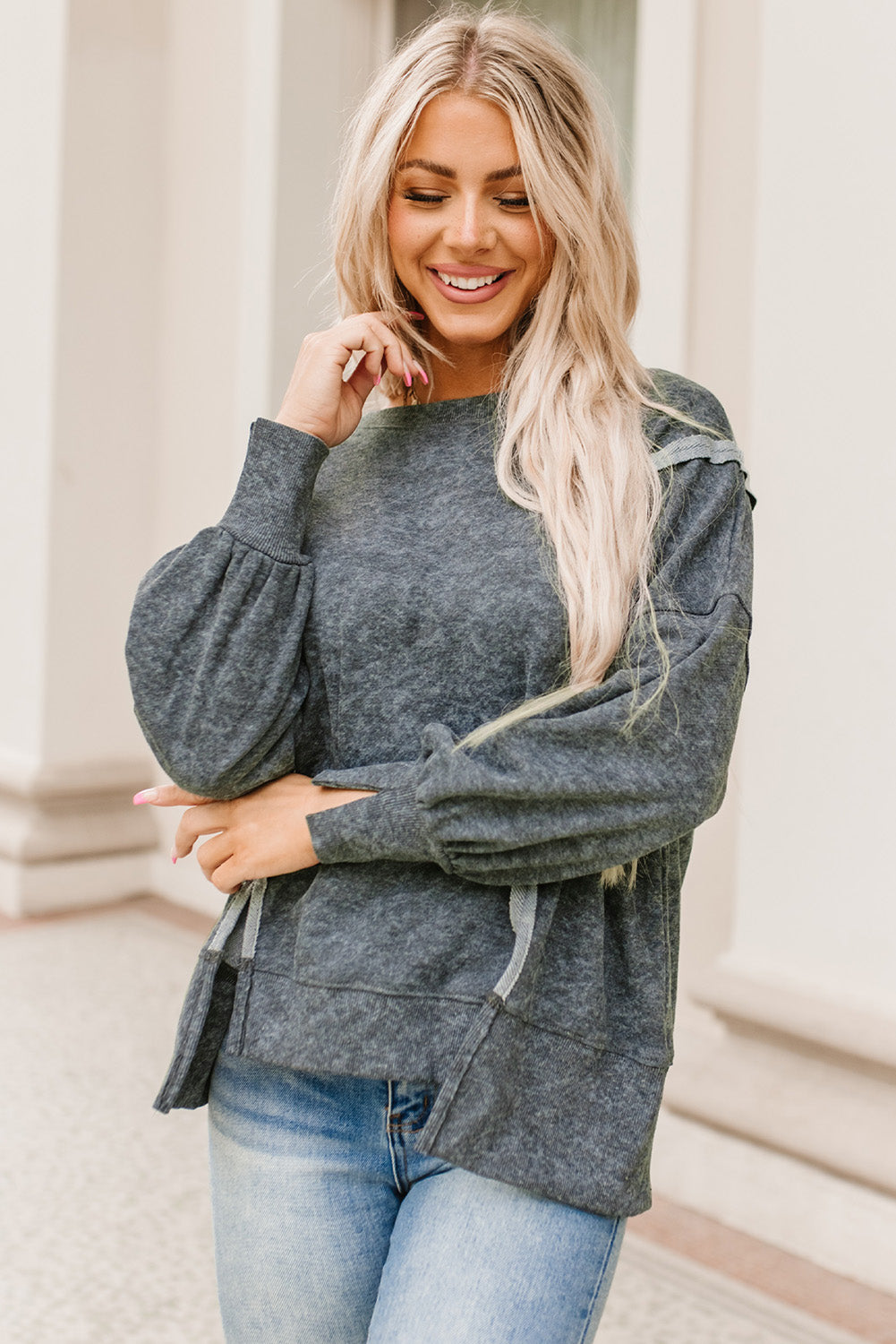 Rose Acid Wash Relaxed Fit Seamed Pullover Sweatshirt with Slits