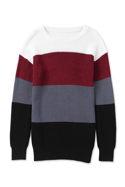 Color Block Knitted O-neck Pullover Sweater