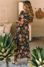 Floral Print Knotted Wrapped V Neck Maxi Dress