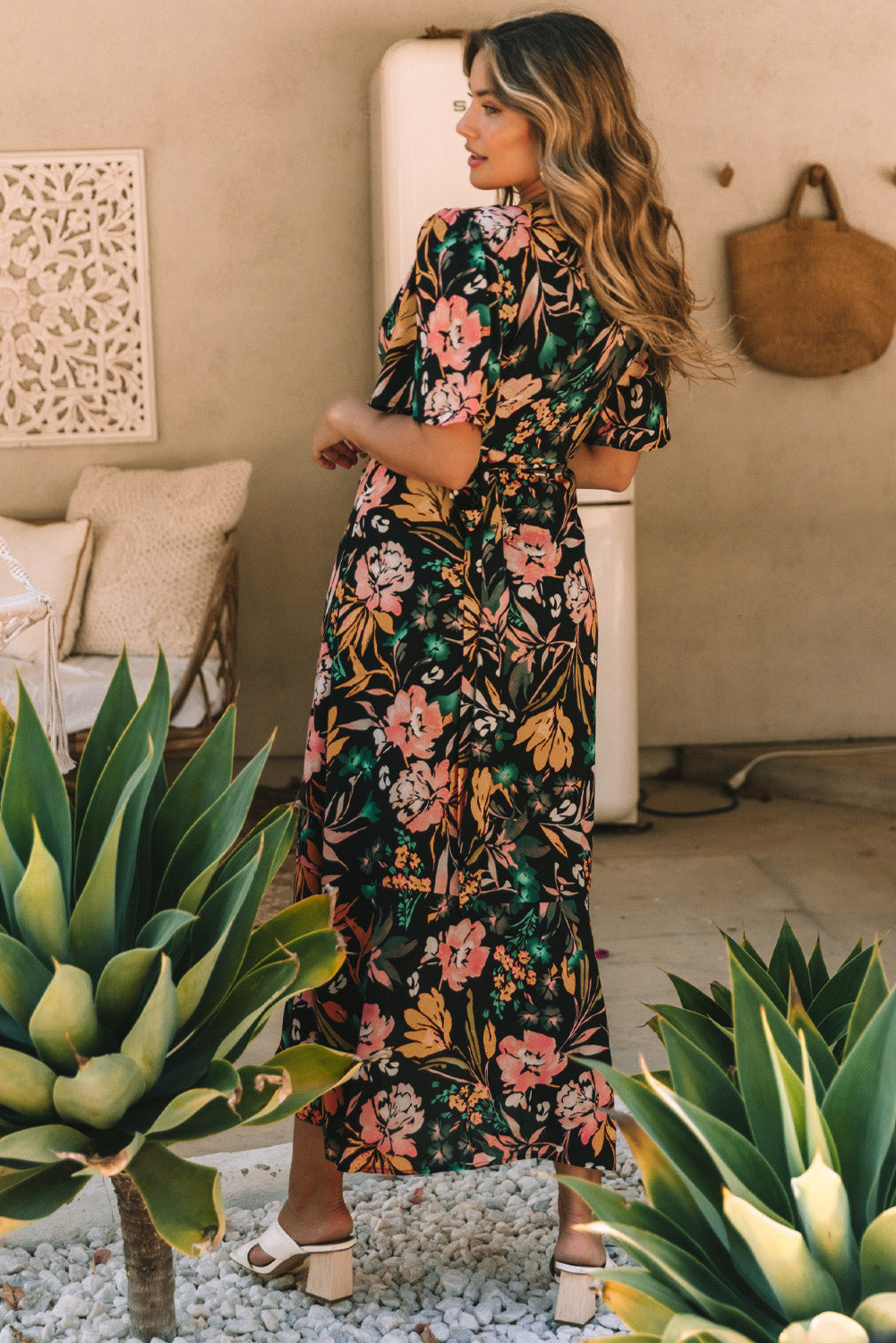 Floral Print Knotted Wrapped V Neck Maxi Dress