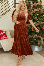 Red Dahlia Velvet Short Sleeve Shirred Waist Tiered Maxi Dress