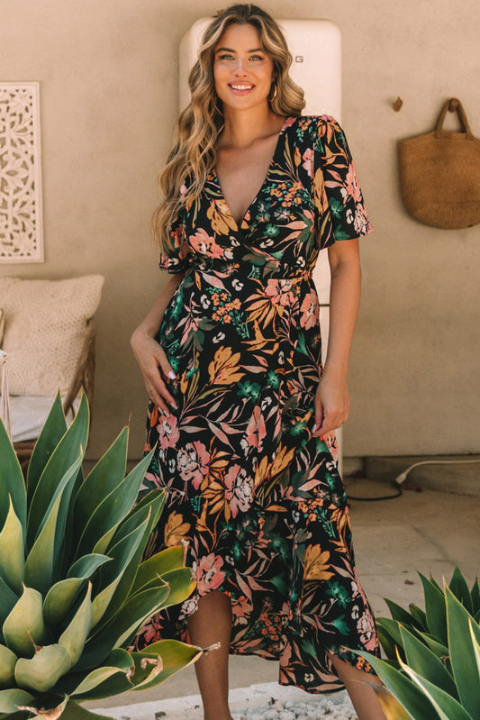 Floral Print Knotted Wrapped V Neck Maxi Dress