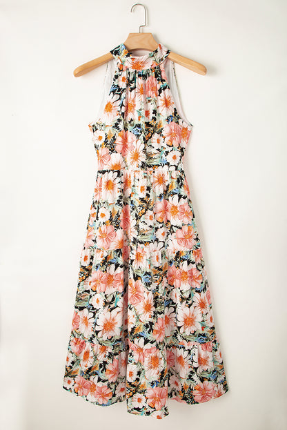 Black Boho Floral Print Knotted Halter Ruffled Maxi Dress
