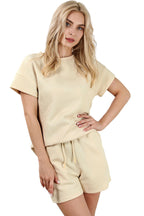 Gray 2pcs Solid Textured Drawstring Shorts Set